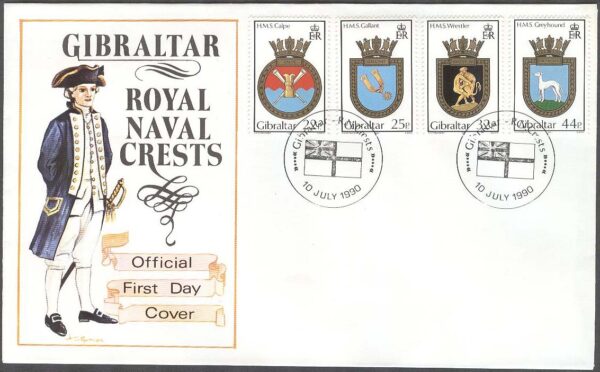 Gibraltar - FDC 1990-07-10 - Skeppsvapen IX från bla HMS Greyhound, 4 kpl
