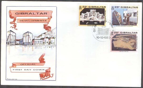 Gibraltar - FDC 1990-10-10 - Utvecklingsprojekt bla Byggnationer, 3 kpl