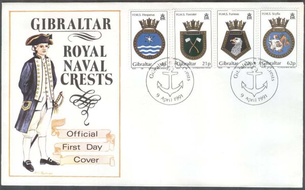 Gibraltar - FDC 1991-04-09 - Skeppsvapen från bla HMS Scylla, 4 kpl