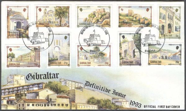 Gibraltar - FDC 1993-06-28 - Arkitekt Arv - Byggnader bla Fyrtorn, 13 kpl