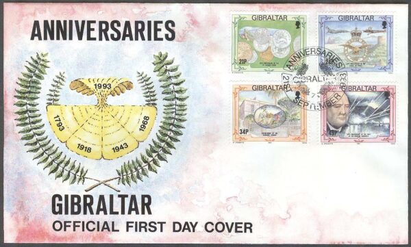 Gibraltar - FDC 1993-09-21 - Minnen bla Mynt - Flyg & W Churchill, 4 kpl