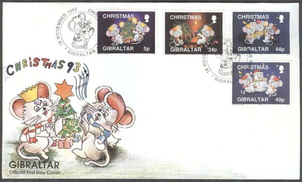 Gibraltar - FDC 1993-11-16 - Jul 1993 - Möss med bla Julgran & Snögubbe, 4 kpl