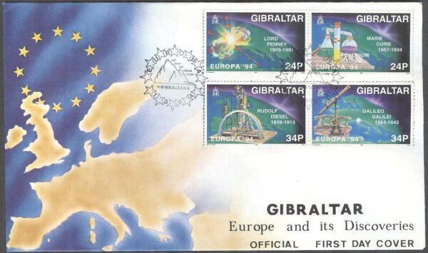 Gibraltar - FDC 1994-03-01 - Europa CEPT 1994 Upptäckter, 2 st par kpl