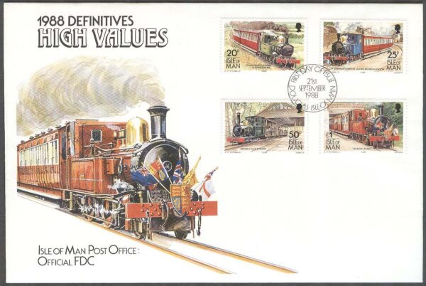 Isle of Man - FDC 1988-09-21 - Järnväg - Tåg - Spårvagn, 4 kpl