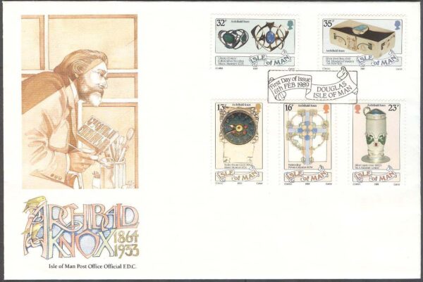 Isle of Man - FDC 1989-02-08 - Archibald Knox 125 år - Designer, 5 kpl