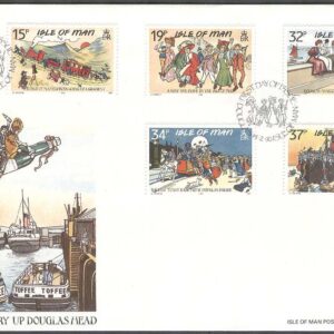 Isle of Man – FDC 1990-02-14 – Gamla Vykort med bla Tåg & Båt, 5 kpl