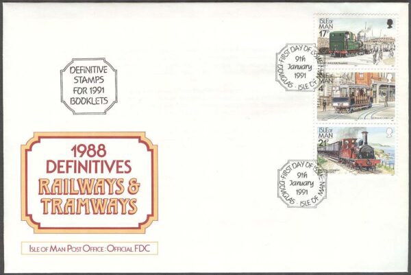 Isle of Man - FDC 1991-01-09 - Spårvagn & Järnväg - Lok, 3-strip kpl