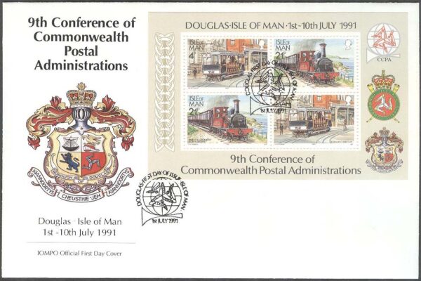 Isle of Man - FDC 1991-07-01 - Ånglok - Spårvagn - Postkonferans, Block
