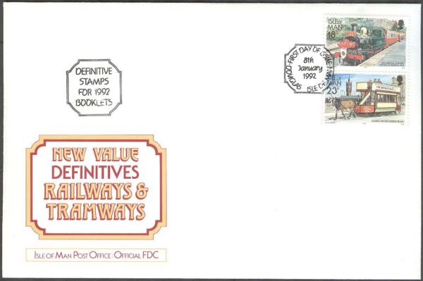 Isle of Man - FDC 1992-01-08 - Spårvagn & Järnväg - Lok, 1 + par kpl