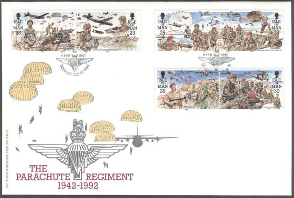 Isle of Man - FDC 1992-02-06 - Flyg - Fallskärmsjägarregimentet 50 år, 3 st par kpl