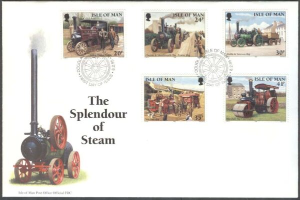 Isle of Man - FDC 1995-02-08 - Ångmaskiner bla Bilar & Traktorer, 5 kpl