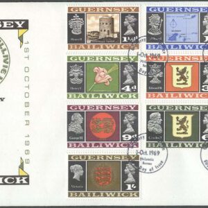 Guernsey – FDC 1969-10-01 – Vyer & Vapen från Guernsey, 16 kpl