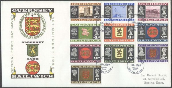 Guernsey - FDC 1969-10-01 - Vyer & Vapen från Guernsey, 16 kpl