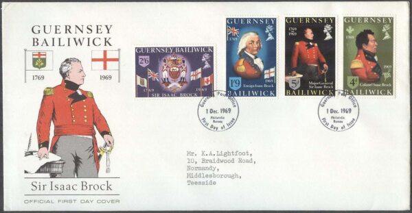Guernsey - FDC 1969-12-01 - Sir I Brock - Generalmajor, 4 kpl