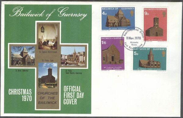 Guernsey - FDC 1970-11-11 - Jul 1970 - Byggnader - Kyrkor, 4 kpl