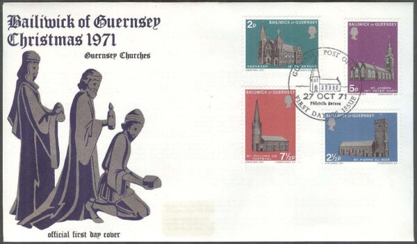 Guernsey - FDC 1971-10-27 - Jul 1971 - Kyrkor bla St.-Josephs, 4 kpl
