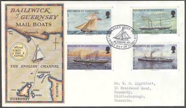 Guernsey - FDC 1972-02-10 - Postfartyg I bla Earl of Chesterfield, 4 kpl