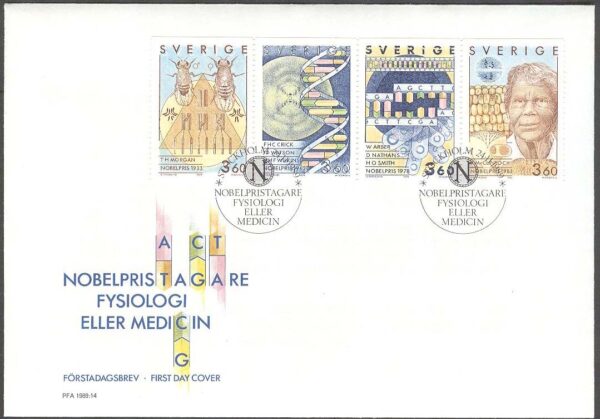 Sverige - FDC 1989-11-24 - Nobelpristagare - Fysiologi-Medicin, 4 kpl Vinjett 1