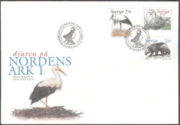 Sverige - FDC 1997-01-02 - Djuren på Nordens Ark 1, 3 kpl Vinjett 1