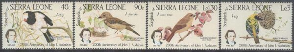 Sierra Leone - M  799-802 Fåglar bla Spekes vävare - JJ Audubon 200 år, 4 kpl **