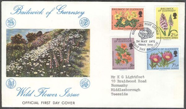 Guernsey - FDC 1972-05-24 - Vildväxande blommor bla Rödmire, 4 kpl