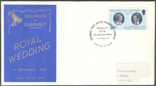 Guernsey - FDC 1973-11-24 - Bröllop Prinsessan Anne & Mark, 1 kpl