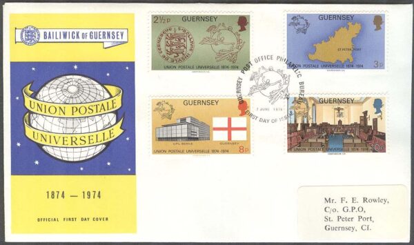 Guernsey - FDC 1974-06-07 - Världspostföreningen UPU 100 år 1974, 4 kpl