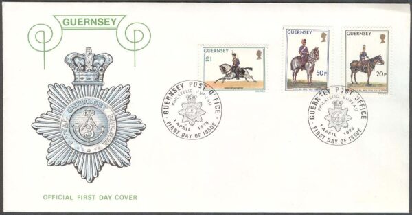 Guernsey - FDC 1975-04-01 - Militäruniformer & Hästar, 3 kpl