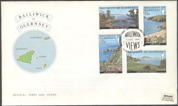 Guernsey - FDC 1976-08-03 - Landskap bla Hamnen i Herms, 4 kpl