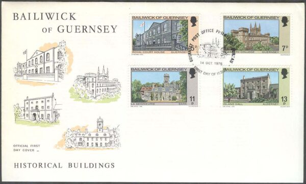 Guernsey - FDC 1976-10-14 - Jul 1976 - Byggnader bla College, 4 kpl