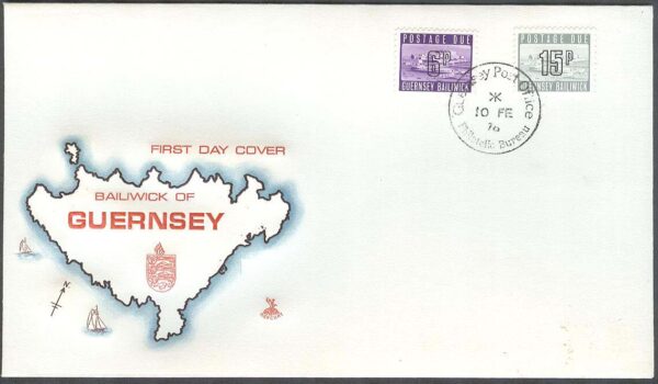 Guernsey - FDC 1976-02-10 - Slottet Cornet - Portomärken, 2 kpl
