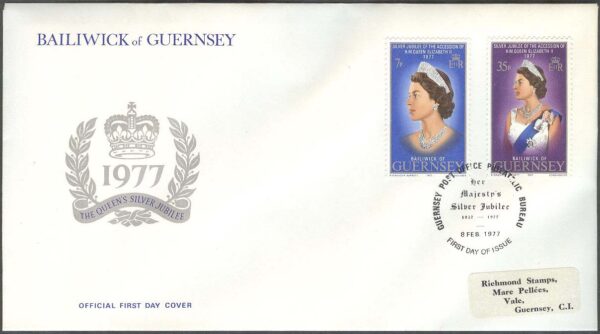 Guernsey - FDC 1977-02-08 - Drottning Elisabeth II 25 år på Tronen, 2 kpl