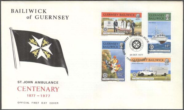 Guernsey - FDC 1977-10-25 - St. John Ambulans 100 år - Bilar - Båtar, 4 kpl