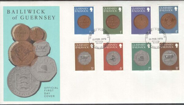 Guernsey - FDC 1979-02-13 - Mynt bla 8 Doubles 1959, 16 kpl