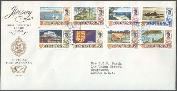 Jersey - FDC 1969-10-01 - Motiv från Jersey - Drottning Elisabeth II, 15 kpl