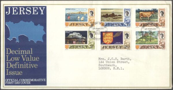 Jersey - FDC 1971-02-15 - Motiv från Jersey - Drottning Elisabeth II, 12 märken