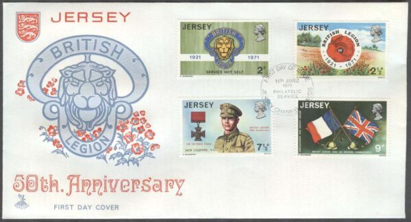 Jersey - FDC 1971-06-15 - Brittiska Legionen 50 år - Flaggor - Vapen, 4 kpl
