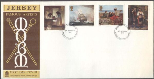 Jersey - FDC 1971-10-05 - Konst bla Fartyg - Dräkter, 4 kpl