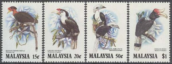 Malaysia - M  269-272 Fåglar - Näshornsfåglar bla Hjälmnäshornsfågel, 4 kpl **