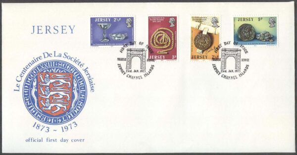 Jersey - FDC 1973-01-23 - Société Jersiaise 100 år bla Mynt, 4 kpl