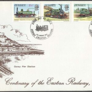 Jersey – FDC 1973-08-06 – Järnvägens Historia I – Järnvägen 100 år – Lok, 4 kpl