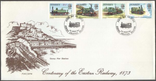 Jersey - FDC 1973-08-06 - Järnvägens Historia I - Järnvägen 100 år - Lok, 4 kpl