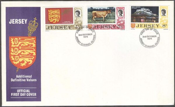 Jersey - FDC 1974-10-31 - Motiv från Jersey bla Jersey ko, 3 kpl