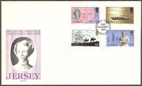 Jersey - FDC 1976-11-25 - L M  Grandin 100 år - Missionär, 4 kpl