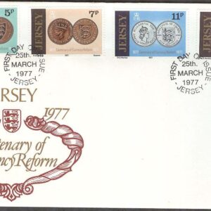 Jersey – FDC 1977-03-25 – Valutareformen på Jersey 100 år – Mynt, 4 kpl