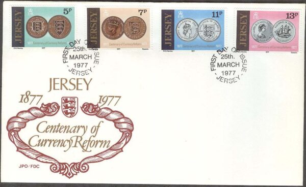 Jersey - FDC 1977-03-25 - Valutareformen på Jersey 100 år - Mynt, 4 kpl