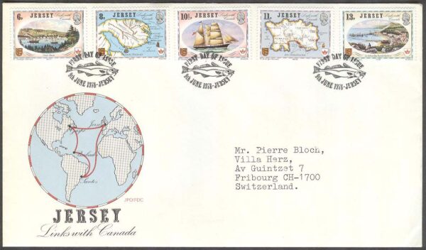 Jersey - FDC 1978-06-09 - Historiska förbindelser Jersey & Kanada, båtar, kartor, 5 kpl