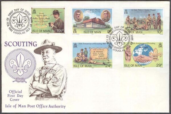 Isle of Man - FDC 1982-02-23 - Scouting 75 år - Baden-Powell 125 år, 5 kpl