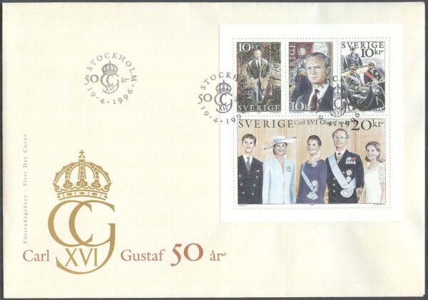 Sverige - FDC 1996-04-19 - Carl XVI Gustaf 50 år, Block kpl Vinjett 1