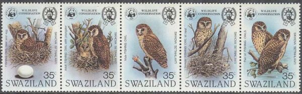 Swaziland - M  398-402 Fåglar - Afrikansk fiskuggla - Naturskydd - WWF, 5-strip kpl**